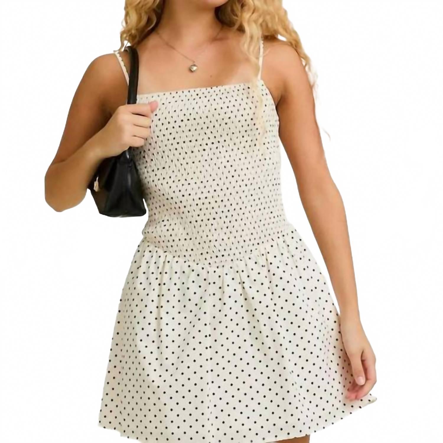 New Le Lis Spaghetti Strap Fitted Dot Mini Dress In Cream/Black